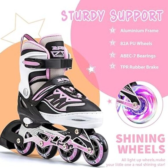 New Adjustable Pink Roller Blades Girls Size L Sizes 3-6 White Black Light Up - Picture 3 of 13